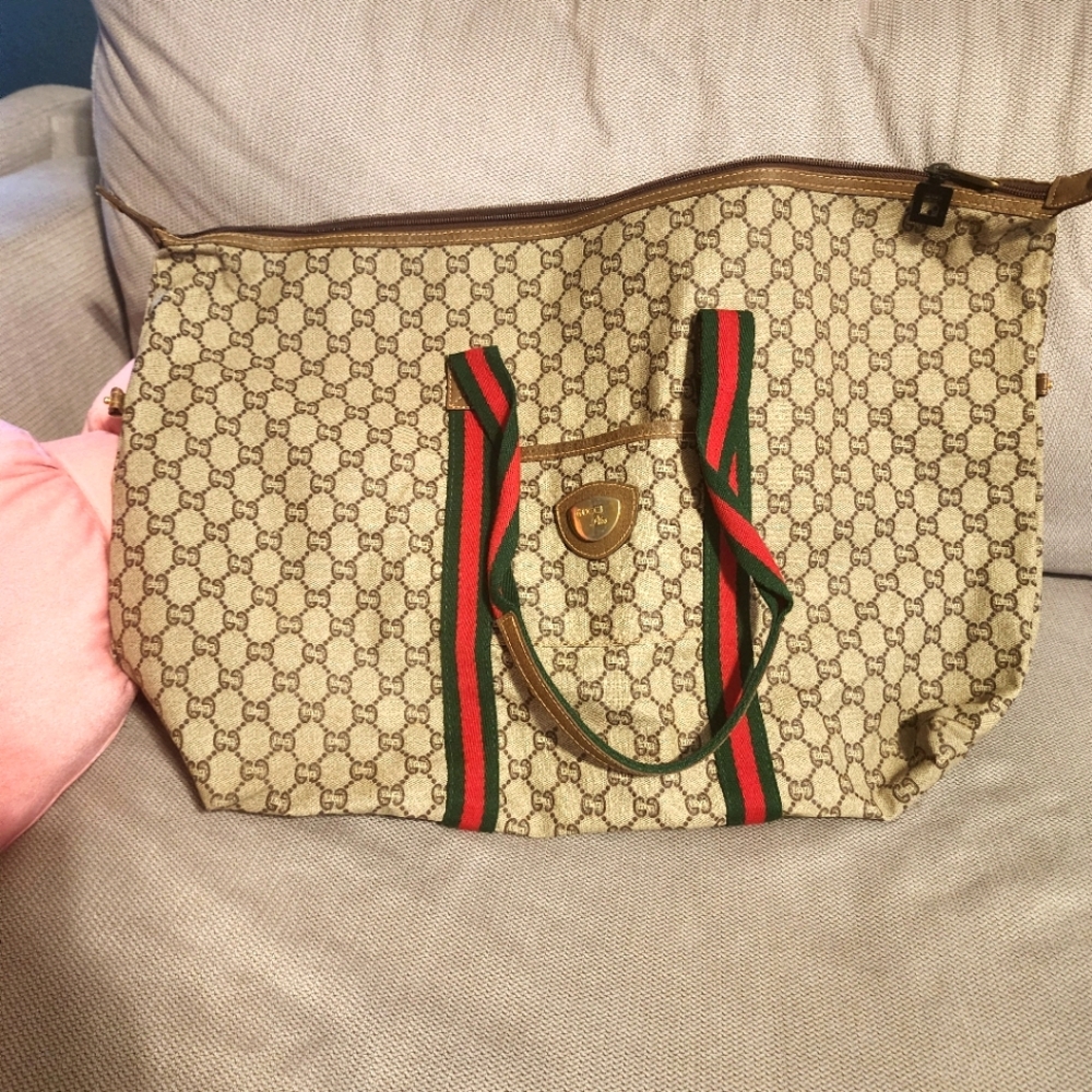 Gucci Beige and Green Tote Bag